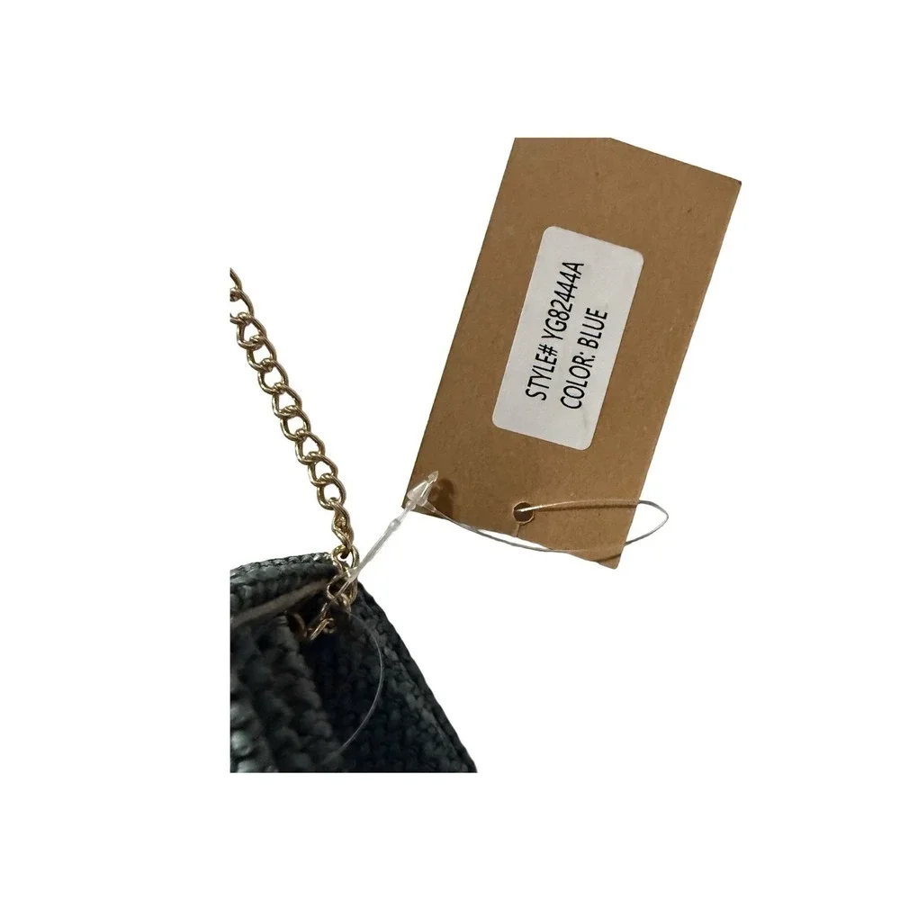 Savanna Blue Woven Purse with Bamboo Handle and Gold Tone Chain Strap NWT